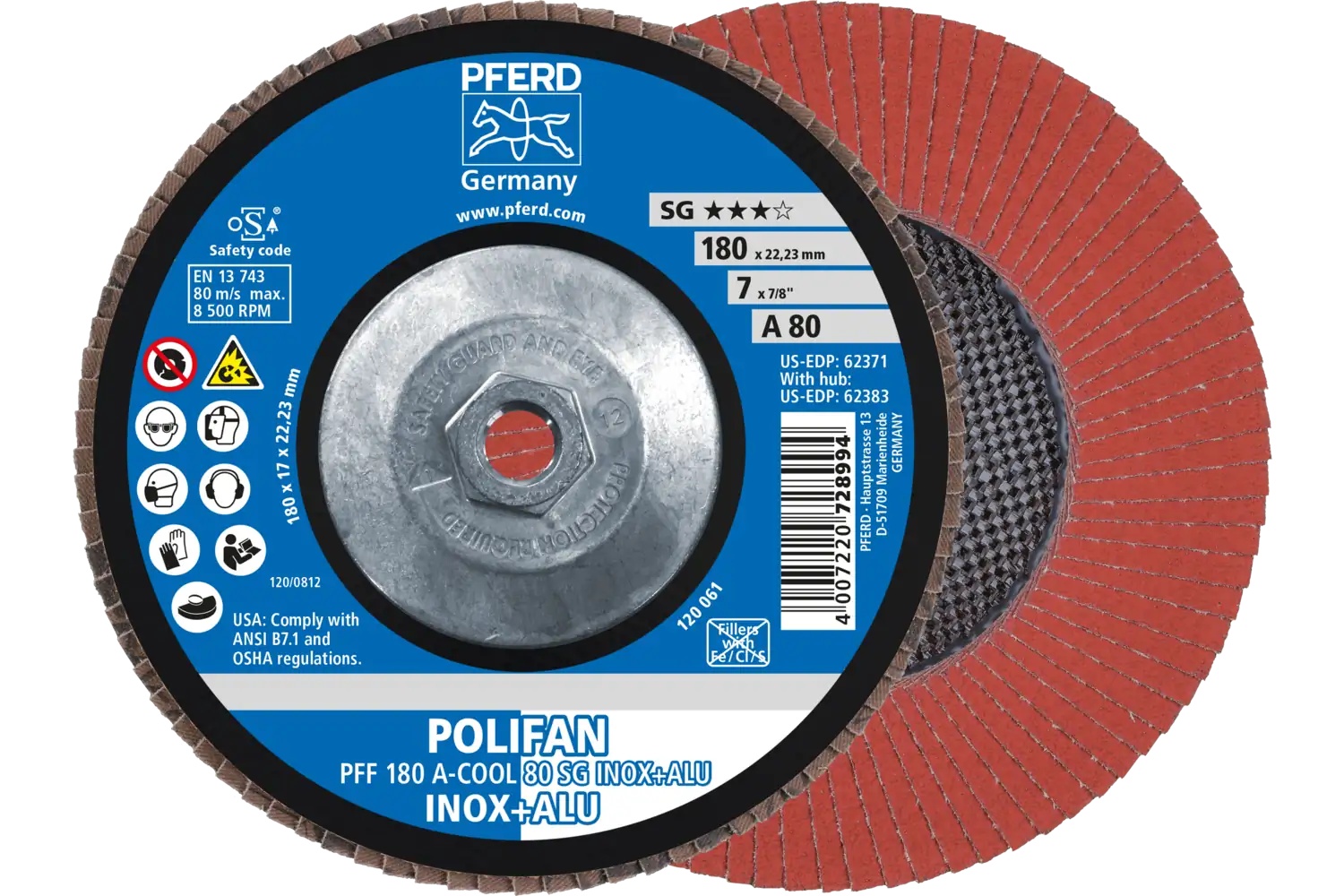 Picture of Pferd Flap Disc, 7" x 5/8-11, A-Cool SG Inox+ALU, 80 Grit, T27, Flat, Aluminum oxide